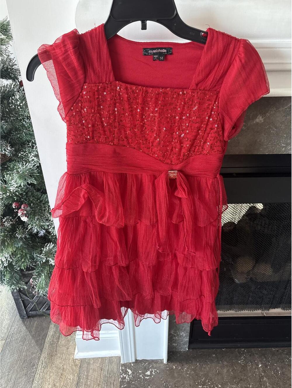 my michelle Girls Red Sequin Tiered Dress Size 14 Youth kids
